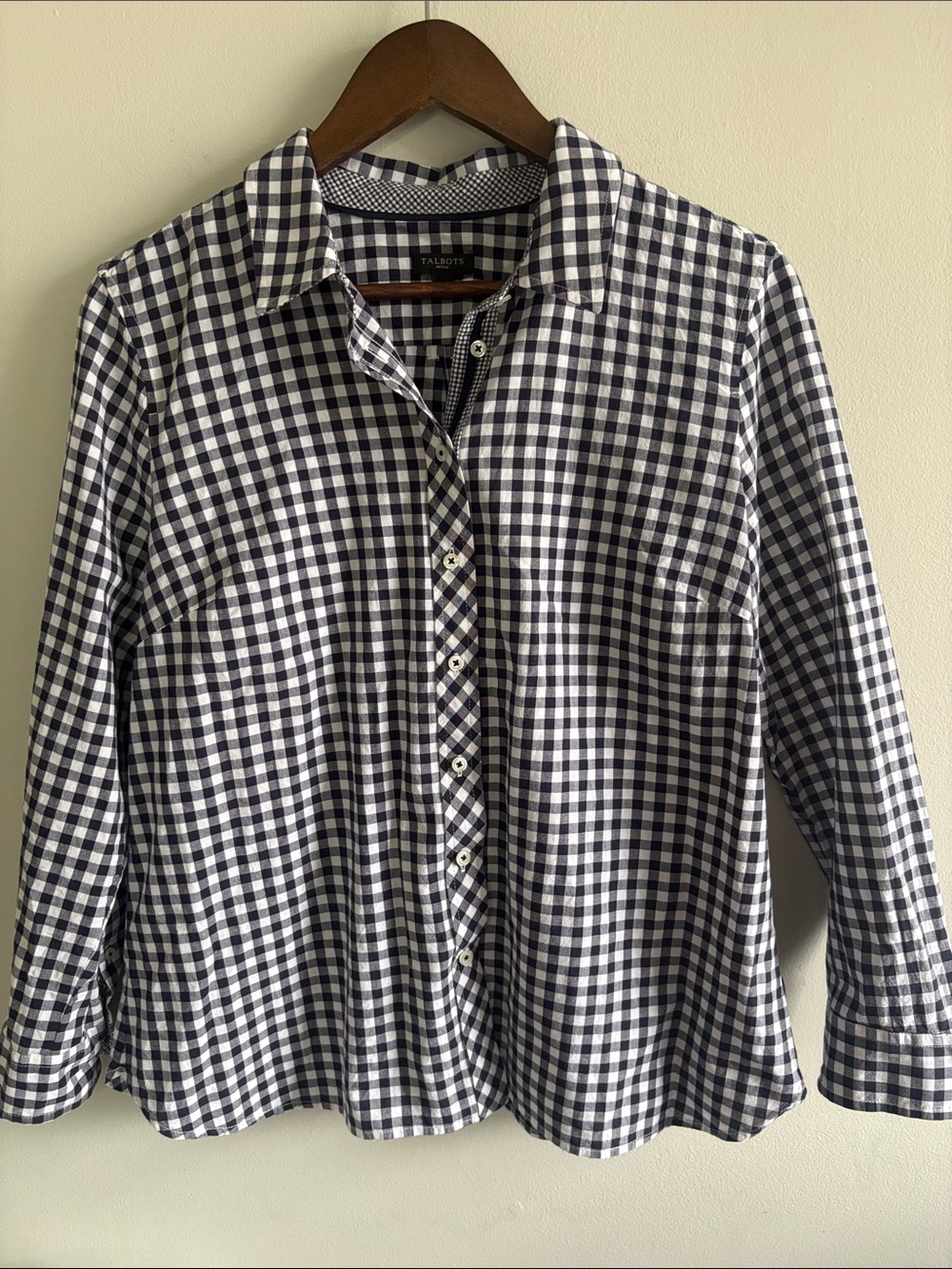 Talbots Petite Navy White Gingham Button Front Shirt LP